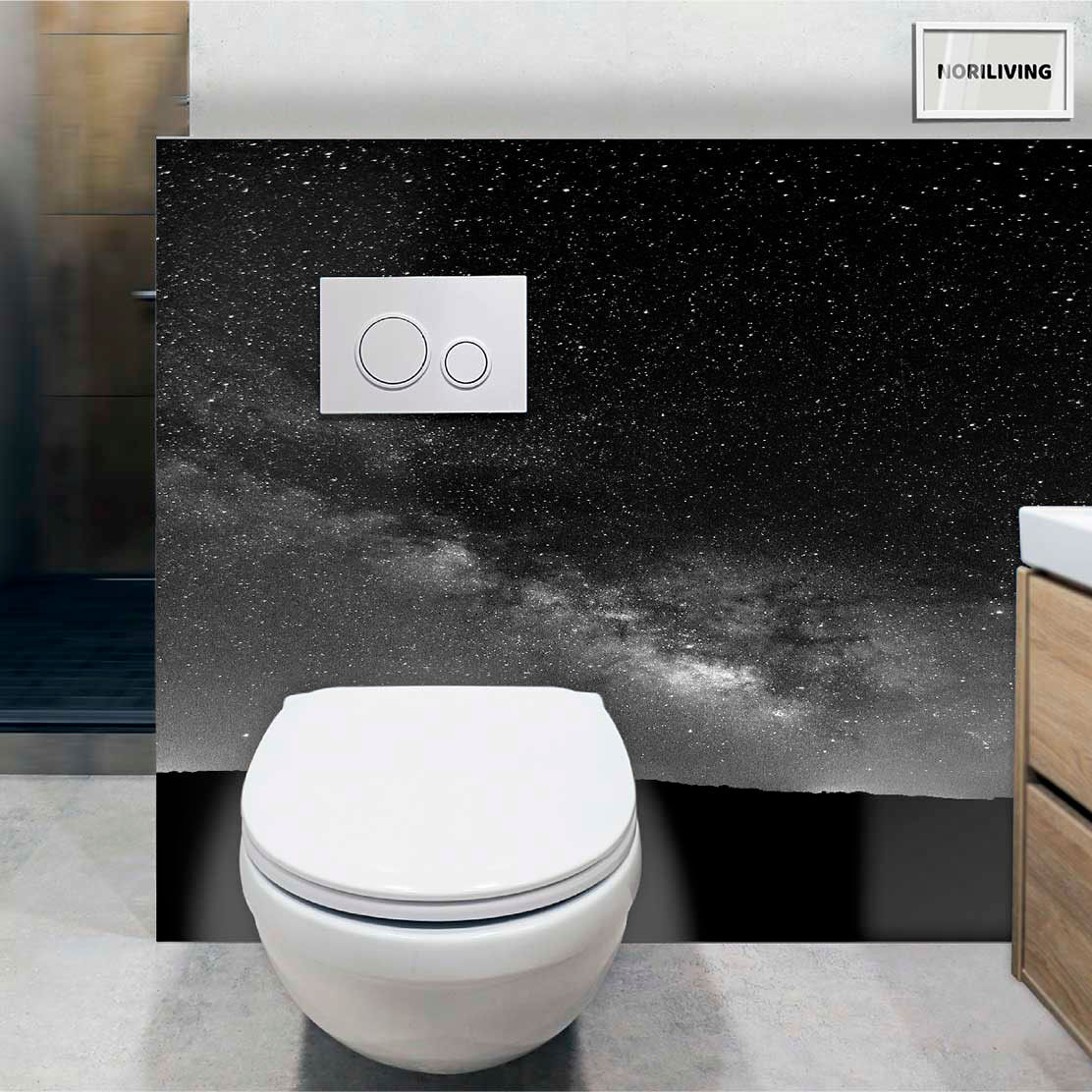 im WC eingebaute Toilettenrückwand mit Motiv Sternenhimmel 558 schwarz-weiß
