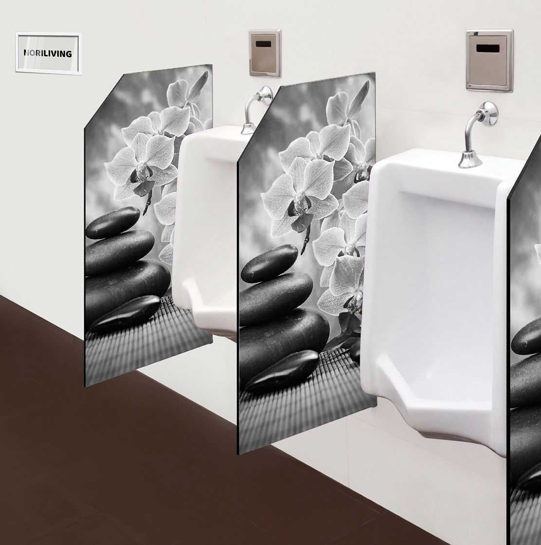 in der Toilette eingebaute Schamwand mit Motiv Zen Steine mit Orchideen 392 schwarz-weiß