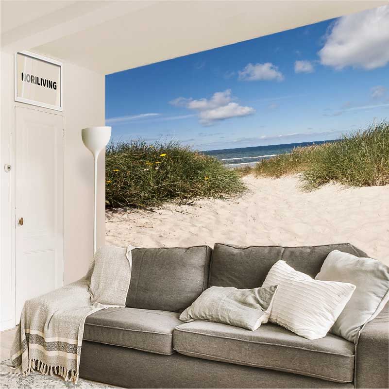 im Wohnzimmer eingebaute Wohnzimmerrückwand mit Motiv Dünen Gras Strand 110