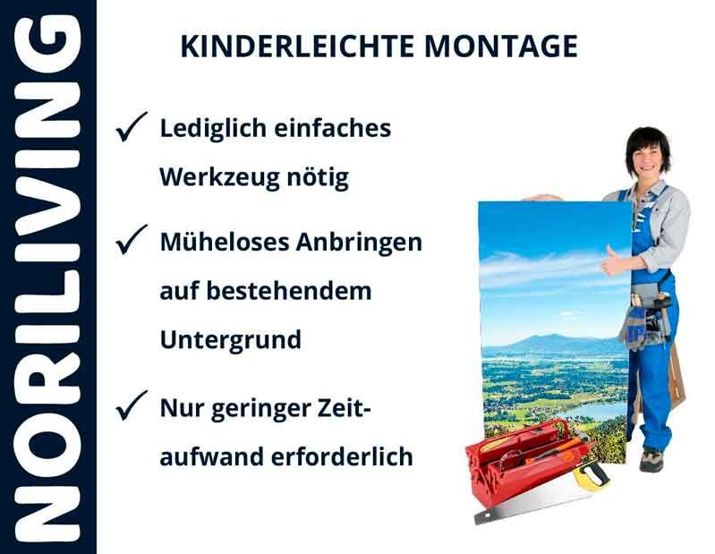 Frau präsentiert Noriliving Produkt mit einfacher Montage, benötigtem Werkzeug und geringem Zeitaufwand