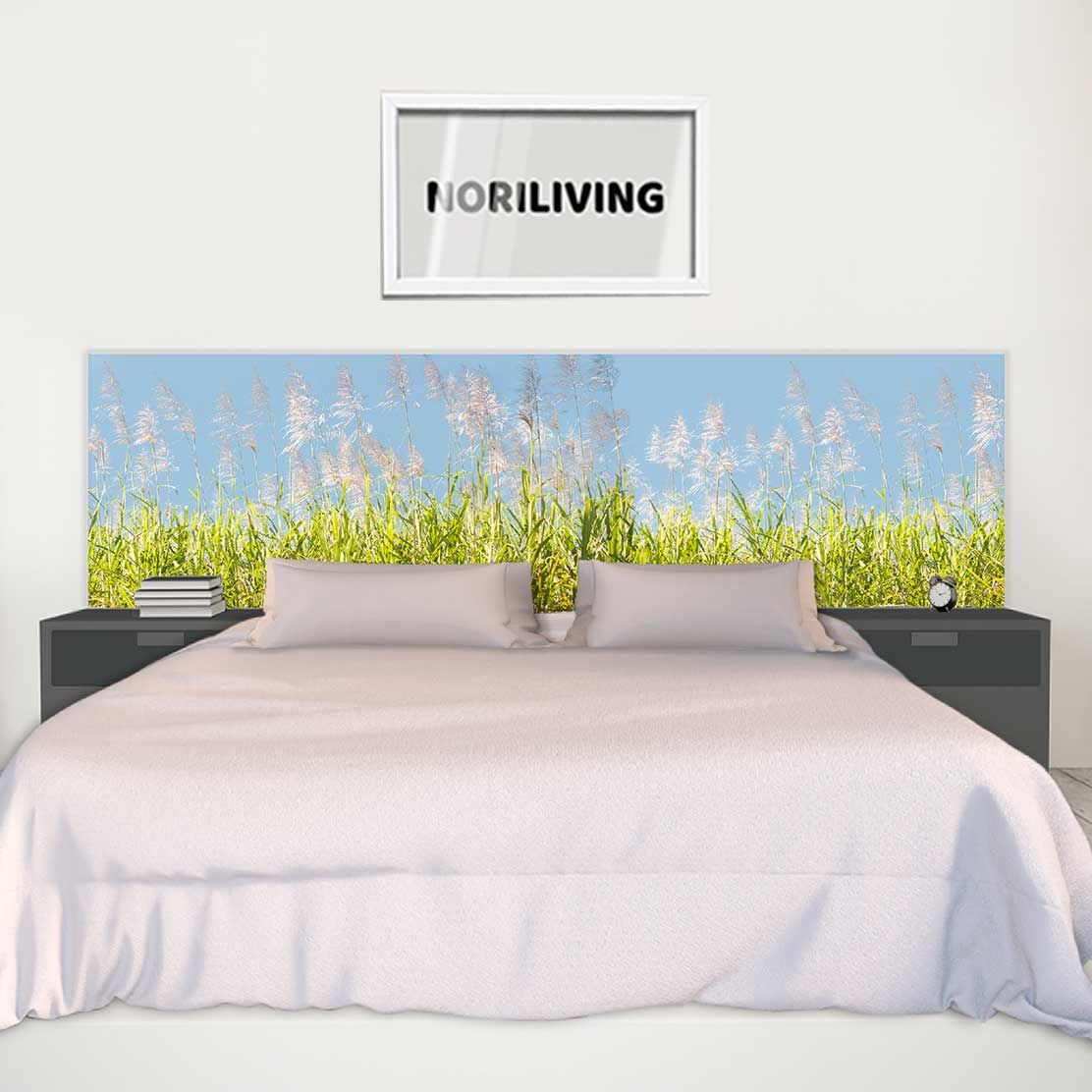 im Schlafzimmer eingebaute Bettrückwand mit Motiv Zuckerrohrpflanzen unter blauem Himmel 110