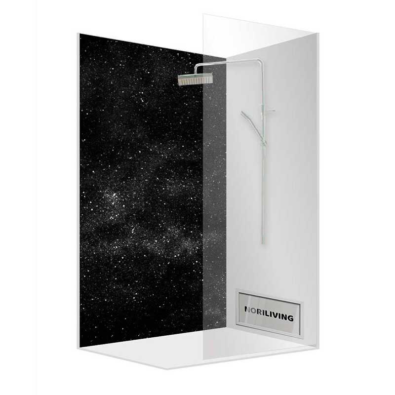 Elegante Duschkabine mit schwarzem Sternhimmel-Design und Regenwaldduschkopf