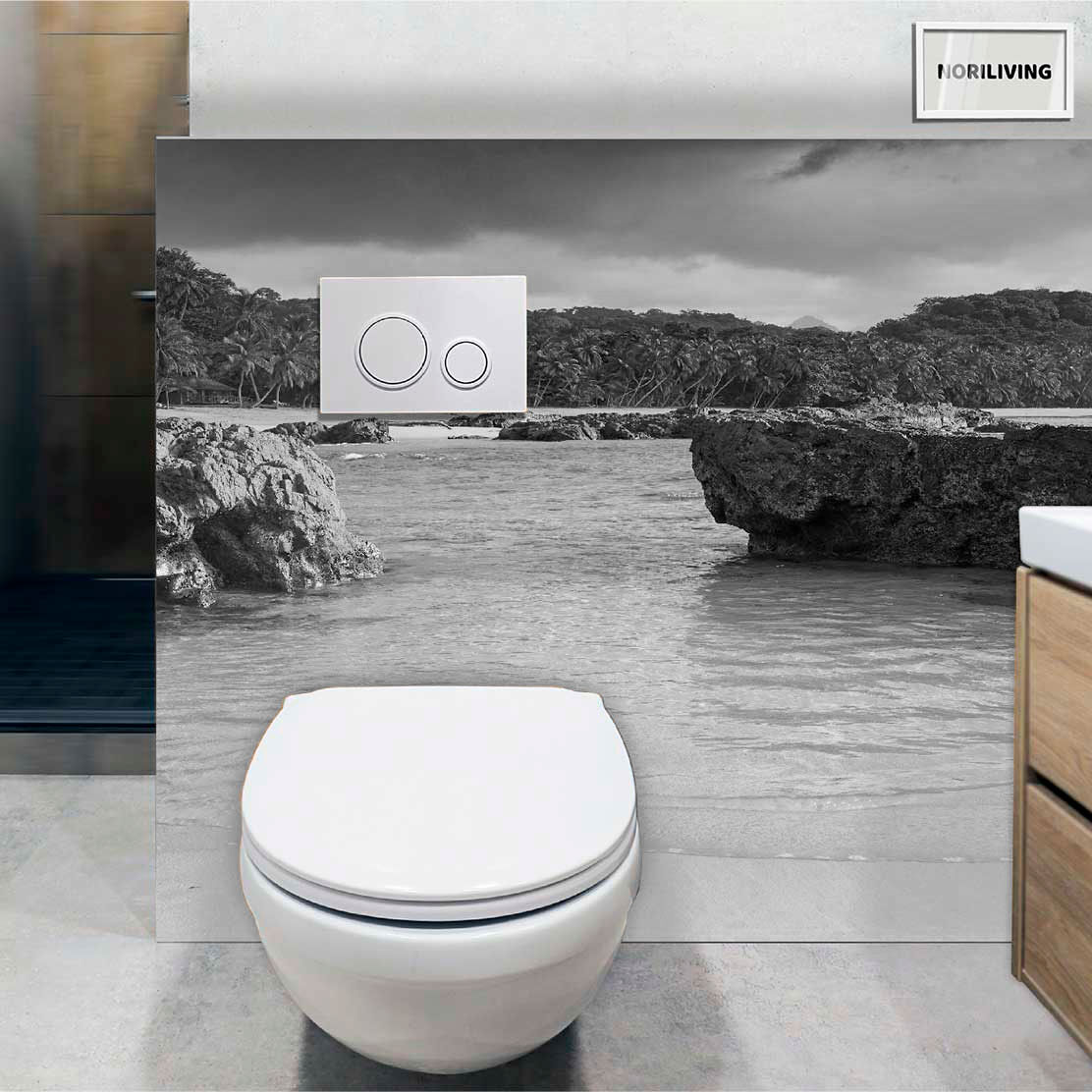 im WC eingebaute Toilettenrückwand mit Motiv Praia Coco 111 schwarz-weiß