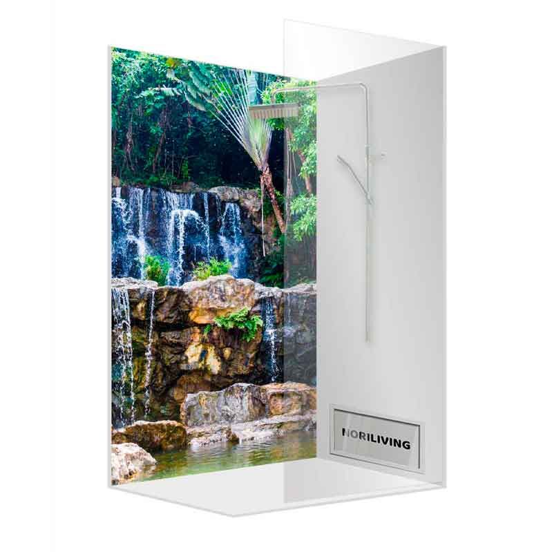 Moderne Duschwand aus Glas, verziert mit einem schönen Wasserfallbild, ideal für ein stilvolles Badezimmer.
