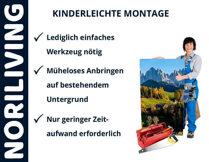 Werbung für NORILIVING, zeigt eine Person mit Werkzeug und Wanddekor vor einer Berglandschaft sowie Hinweise auf einfache Montage, geringes Werkzeug und Zeitaufwand.