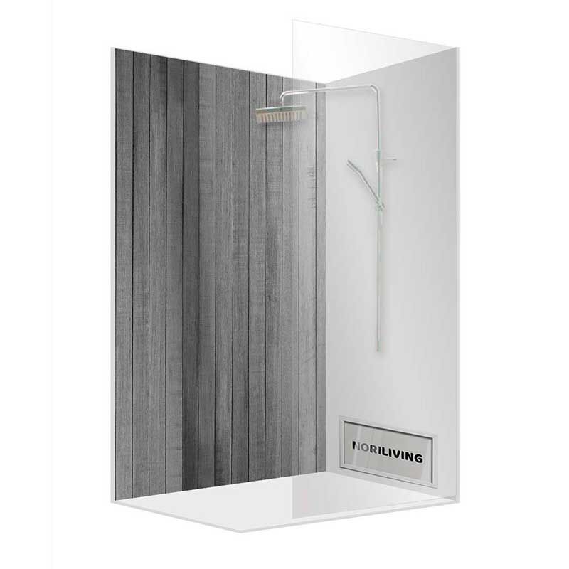 Moderner Duschbereich mit grauer Holzoptikwand, Glasverkleidung und minimalistischem Duschkopf