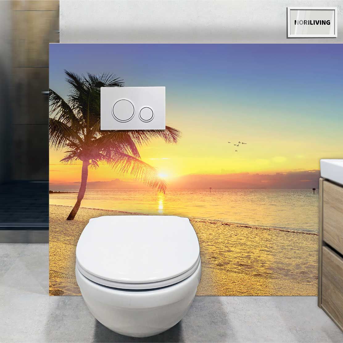 im WC eingebaute Toilettenrückwand mit Motiv Sonnenuntergang mit Palme am tropisches Meer 903