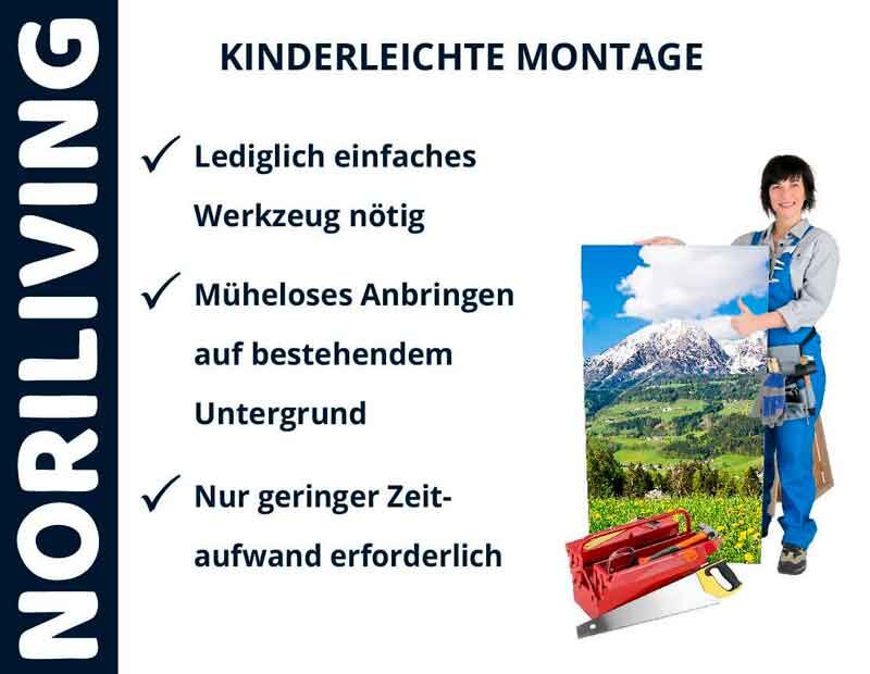 Infografik und Handwerkerin zeigen einfache Montage von NoriLiving-Produkten