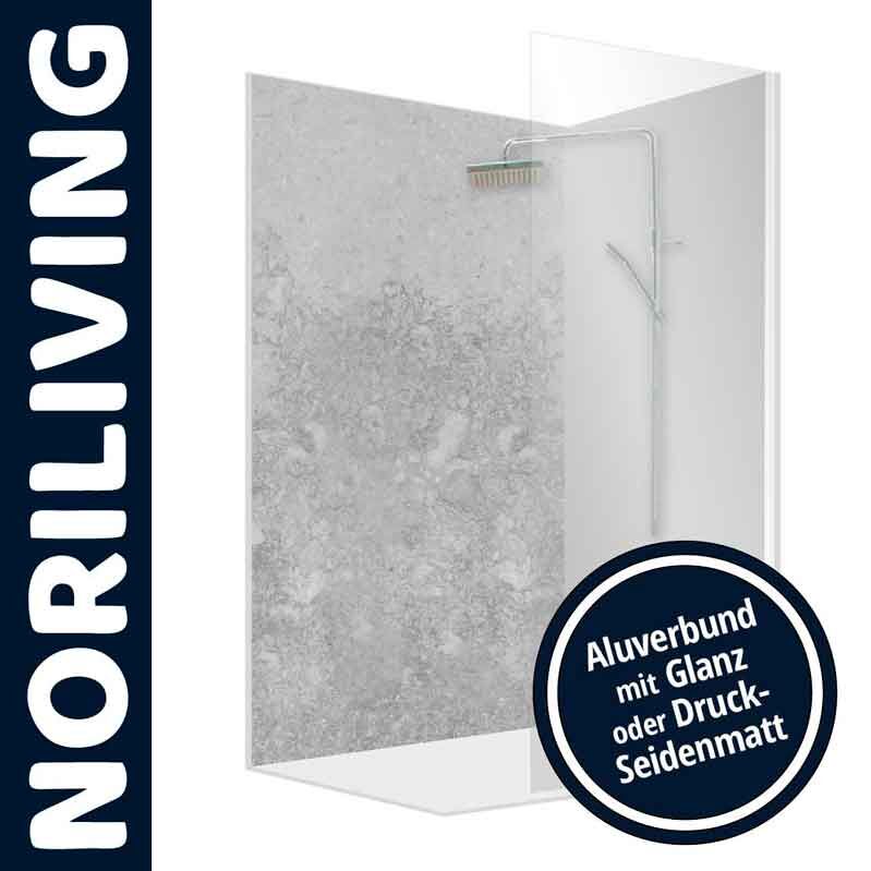 Duschrückwand aus Aluverbund mit glänzender oder druck-seidenmatter Oberfläche von NORILIVING, graue Steinoptik