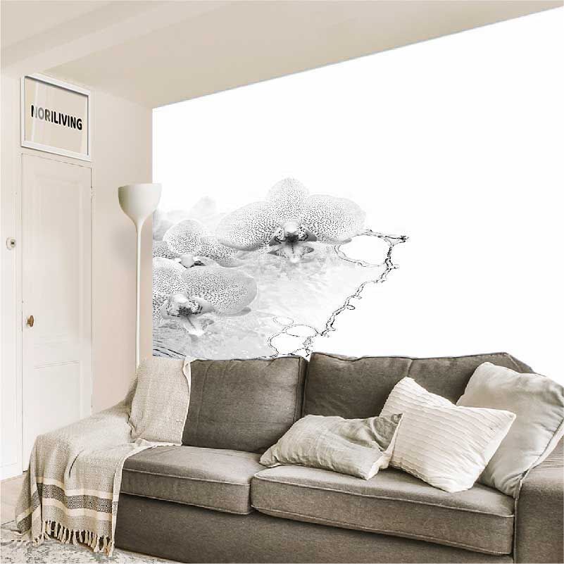 im Wohnzimmer eingebaute Wohnzimmerrückwand mit Motiv rosa - pink farbene Orchideen 854 schwarz-weiß