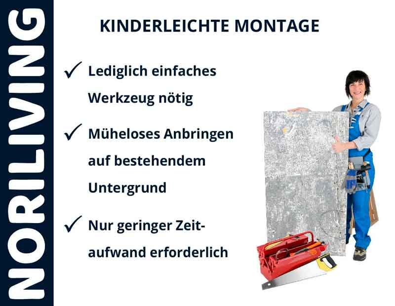 Illustration von einfacher Montage mit einer Person, die ein Paneel hält und Werkzeug zeigt