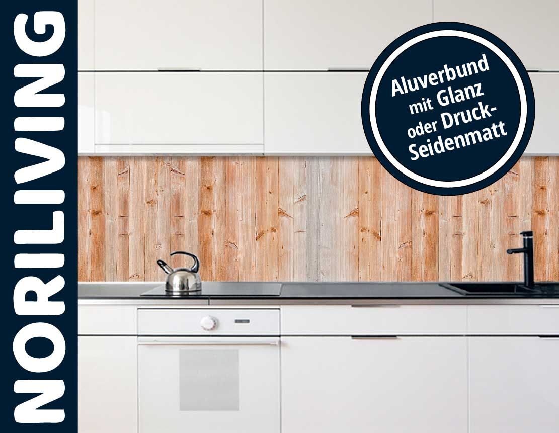 in der Küche eingebaute Küchenrückwand mit Motiv Holz braun hell 339