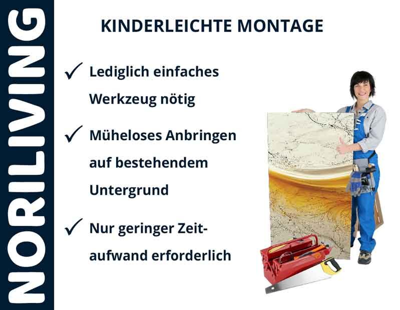 Montageanleitung von Noriliving: Frau neben einem Bild mit Werkzeug, kinderleichte Montage, geringes Zeitaufwand, einfaches Werkzeug nötig