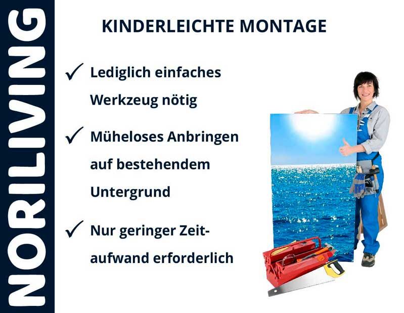 Person in Arbeitskleidung zeigt Bild mit Meerlandschaft und Werkzeugkasten. Text: kinderleichte Montage, einfaches Werkzeug, müheloses Anbringen, geringer Zeitaufwand. Norliving.