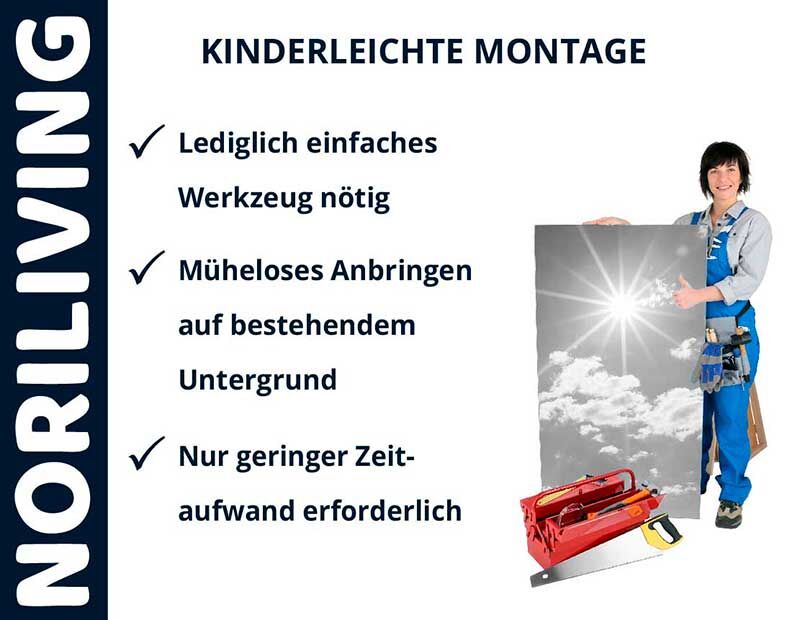 Person in Arbeitskleidung zeigt ein Produktbild mit einer einfachen Montageanleitung, die nur minimales Werkzeug erfordert.