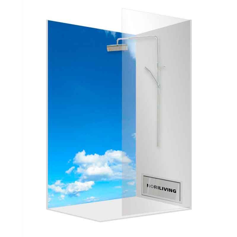Minimalistische Duschkabine mit blauer Himmel- und Wolkenoptik, ausgestattet mit einer eleganten Duschbrause und klarem Glas.