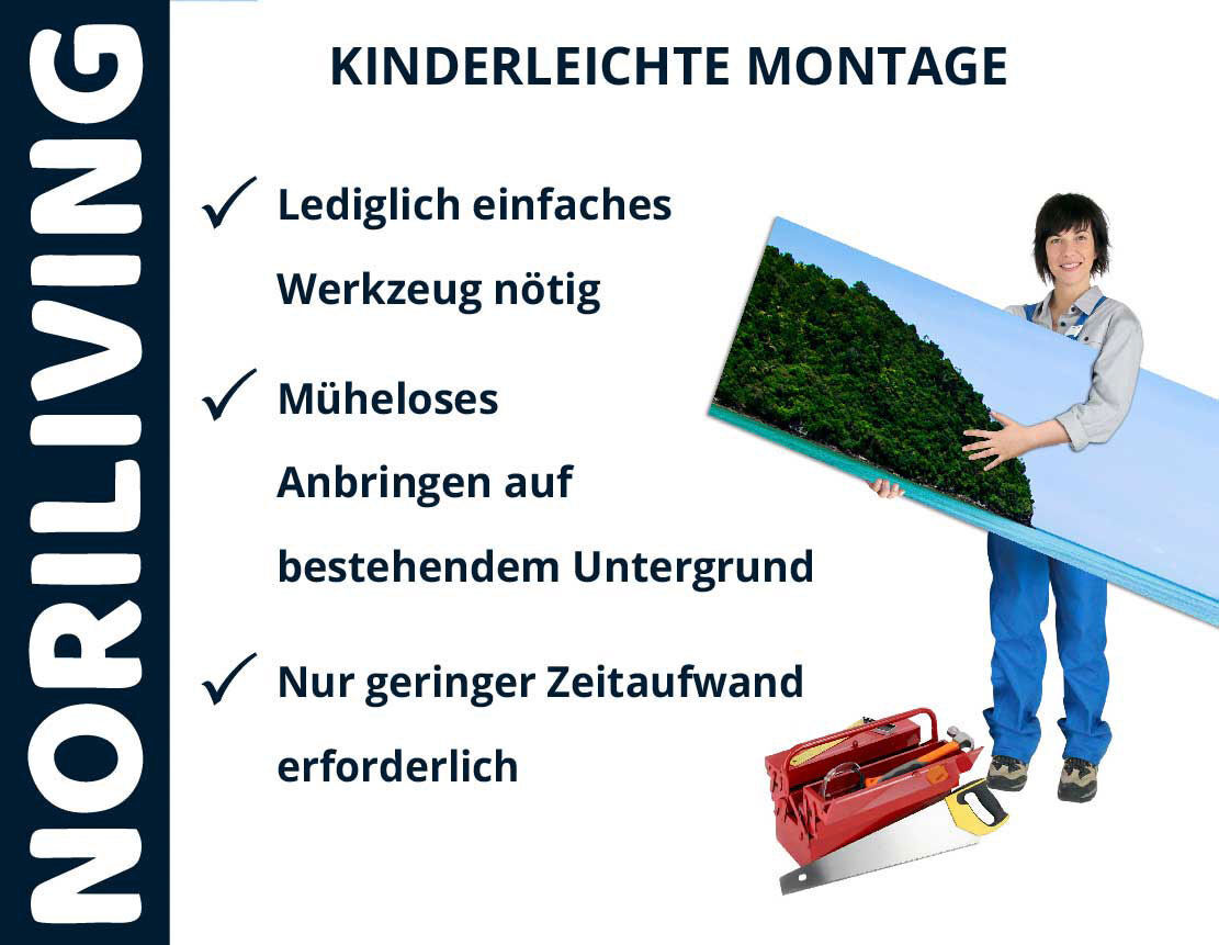 Bild von einer Person mit einem Montagewerkzeug und einem Deko-Panel. Einfaches Werkzeug für mühelose Montage auf bestehendem Untergrund.
