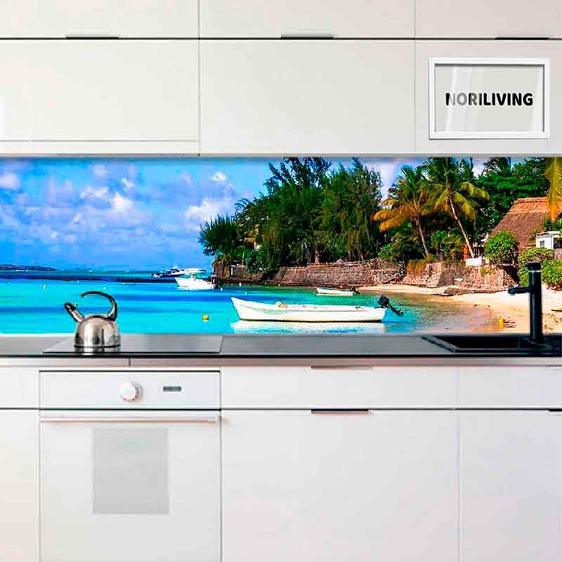 Küchenrückwand Alu Palmen und Boot am schönen Strand Mauritius 913
