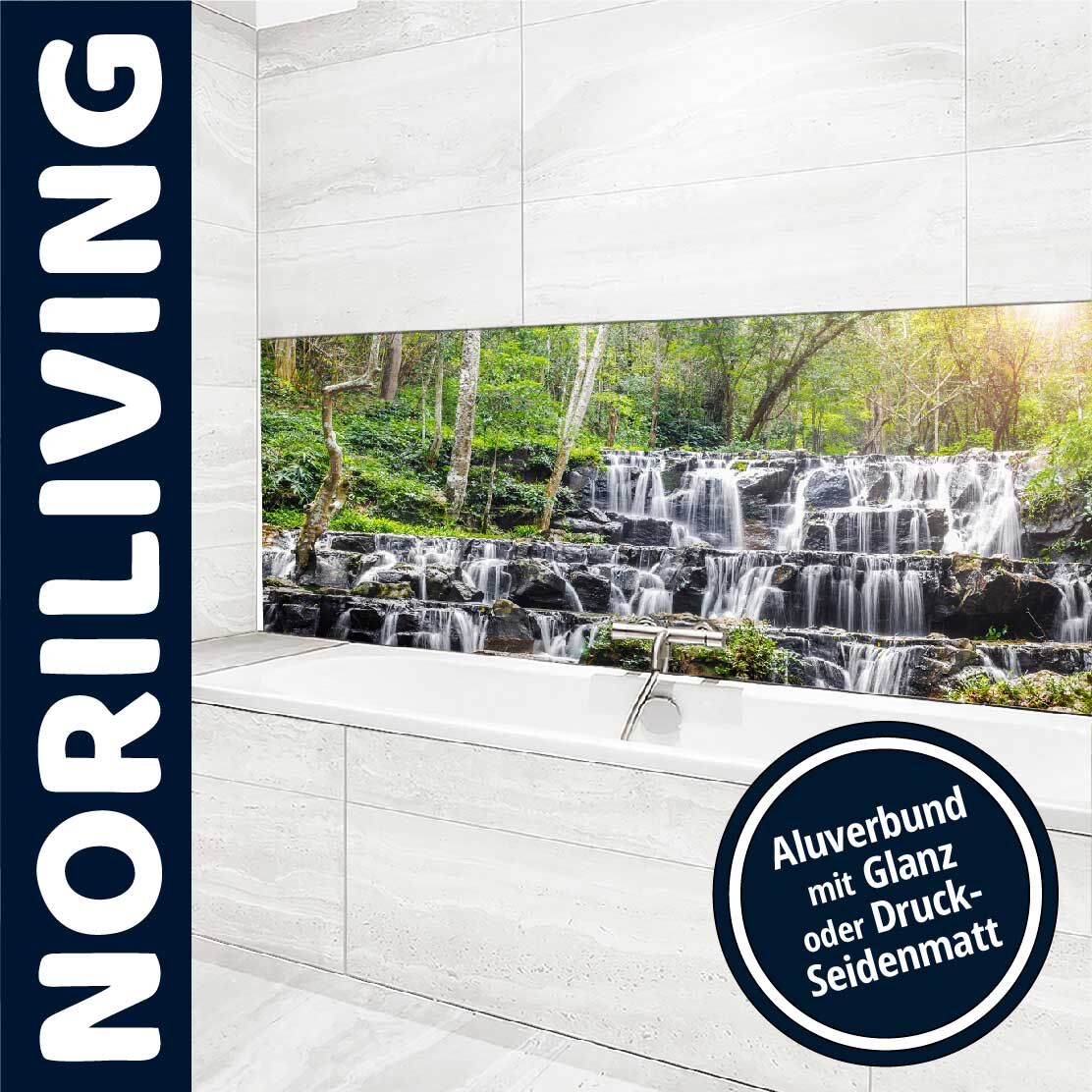 Moderne Badezimmerwand mit Wasserfallbild und Aluverbundmaterial in Glanz oder Druck-Seidenmatt von NORILIVING