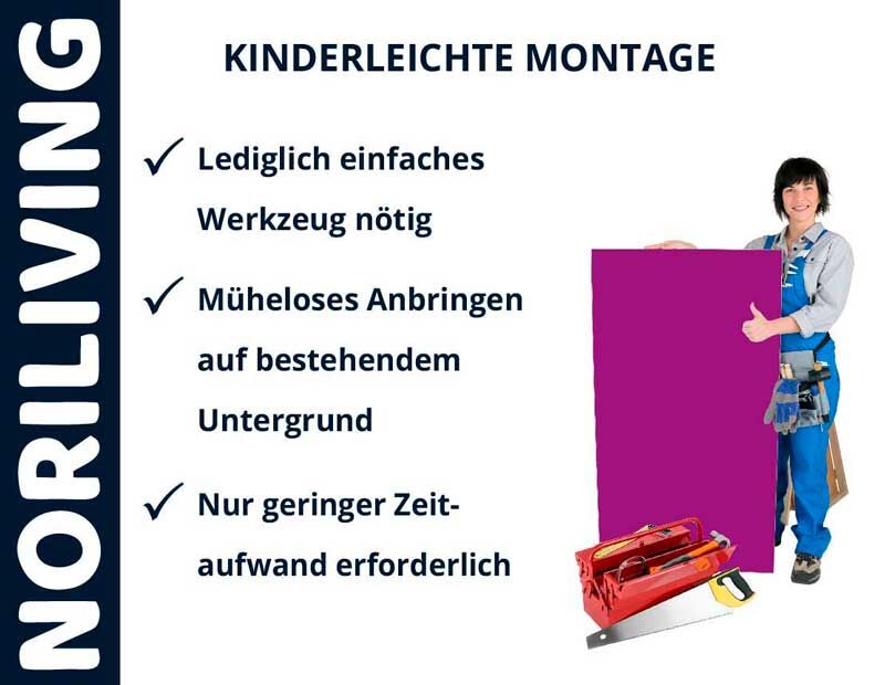 Plakat zur einfachen Montage von Noriliving-Produkten mit Checkliste und Handwerkerin