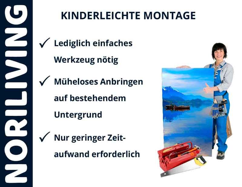 Eine Person zeigt eine einfache Montageanleitung mit Noriliving. Lediglich einfaches Werkzeug nötig, müheloses Anbringen und geringer Zeitaufwand.