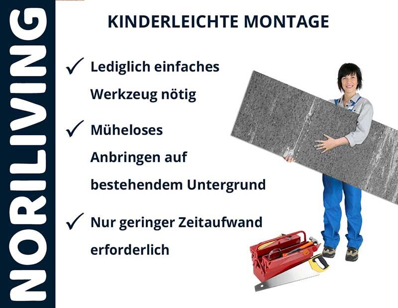 Person zeigt leichte Montage von NORILIVING-Produkten mit minimalem Werkzeug