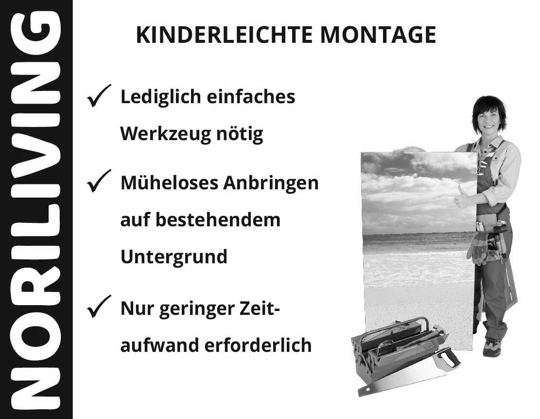 Poster zur kinderleichten Montage von NORILIVING mit Person, die ein Bild hält und Werkzeug zeigt, einfache Installation, wenig Zeitaufwand