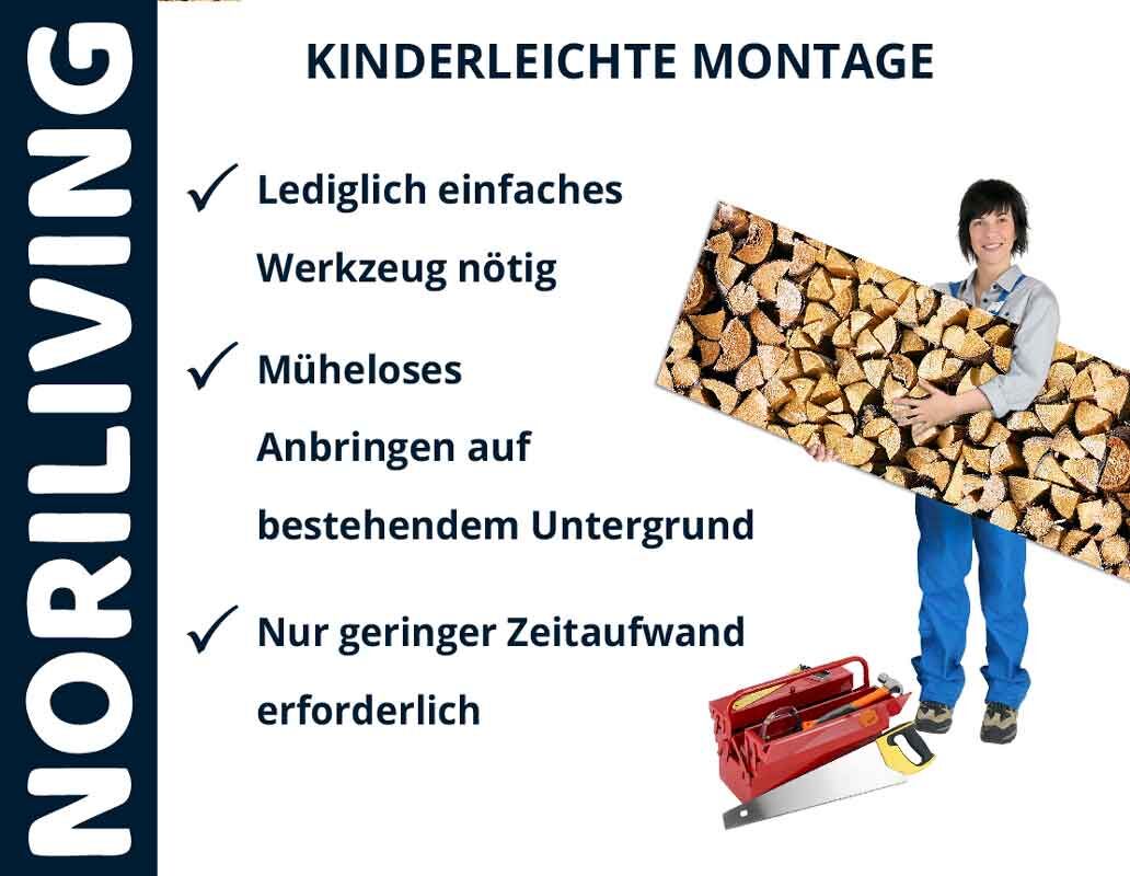 Person hält Brett mit Holzoptik, Text: NORILIVING kinderleichte Montage, lediglich einfaches Werkzeug nötig, müheloses Anbringen, geringer Zeitaufwand