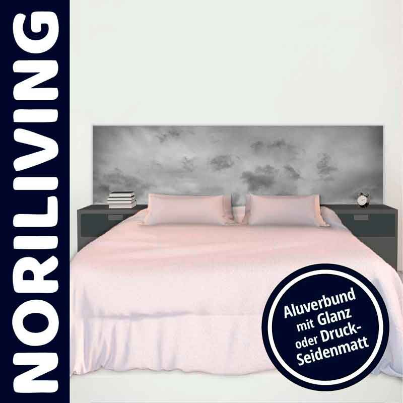 Modernes Bett von NORILIVING mit weißer Bettwäsche und Aluverbund-Kopfteil in Glanz oder Druck-Seidenmatt