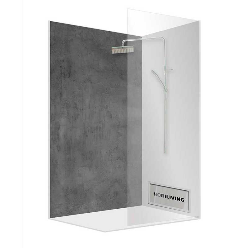 Duschkabine mit grauer und weißer Wand sowie Regenbrause von Noriliving