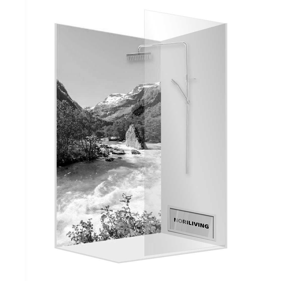 Abbildung einer Einzel-Duschrückwand mit Motiv Schönes Flam-Tal in Norwegen 082 schwarz-weiß