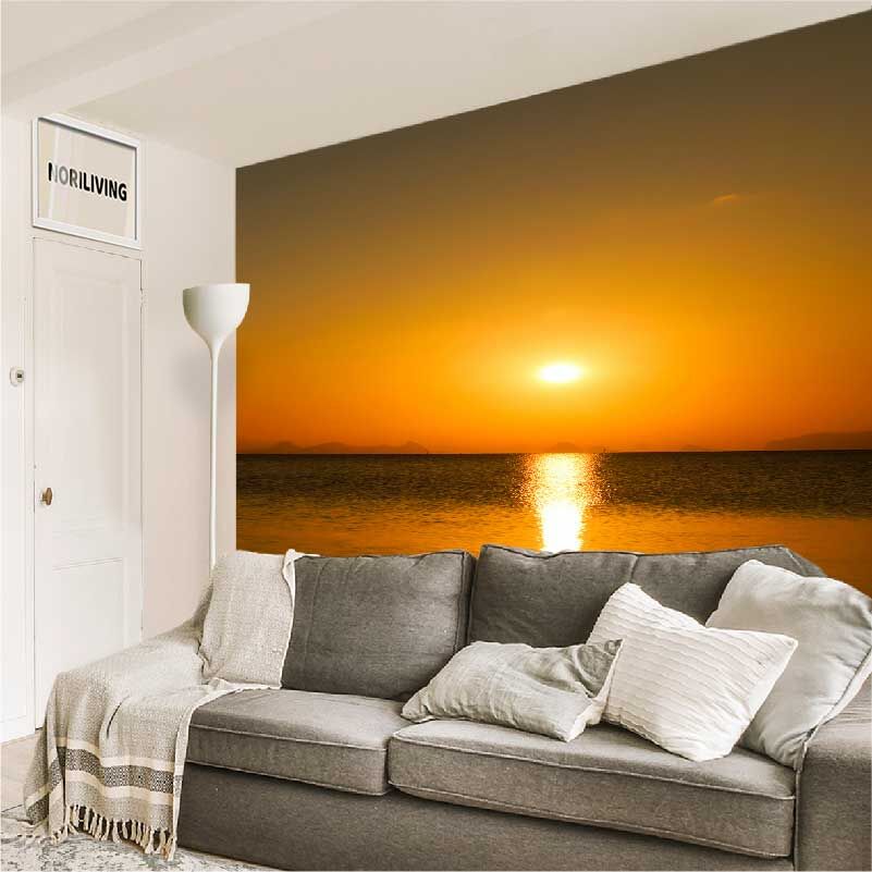 im Wohnzimmer eingebaute Wohnzimmerrückwand mit Motiv Sonnenuntergang am tropischen Meer 982