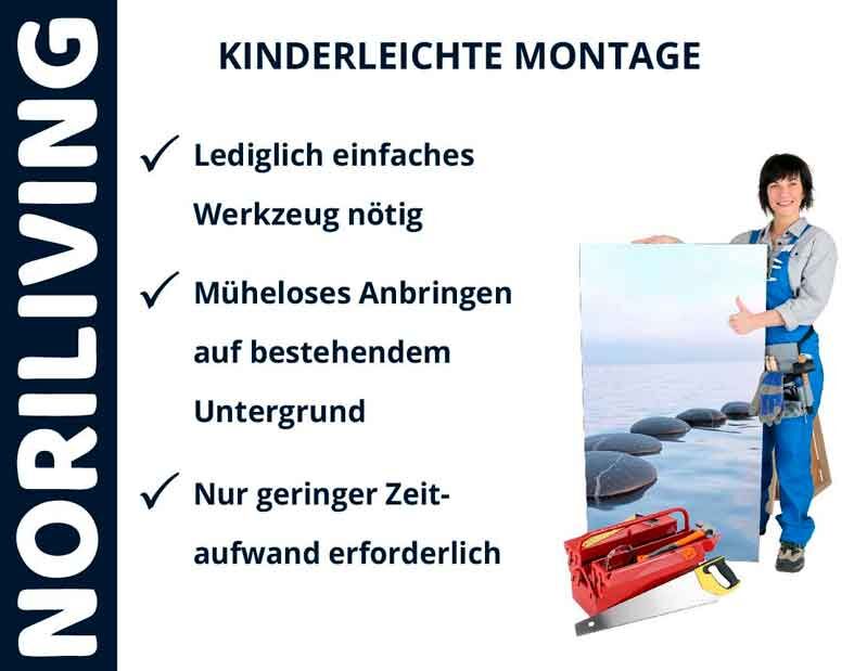 Frau zeigt Noriliving-Produkt mit kinderleichter Montage: Einfache Werkzeuge, kein Aufwand, schnelle Installation