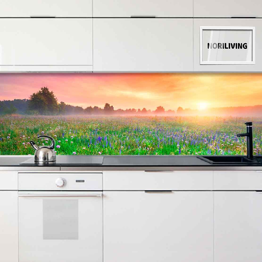 in der Küche eingebaute Küchenrückwand mit Motiv Schöner nebliger Sonnenaufgang über einem Blumenfeld 918