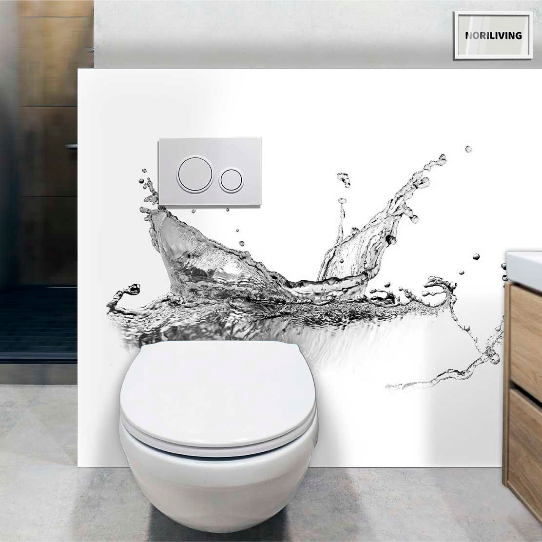 im WC eingebaute Toilettenrückwand mit Motiv spritzendes Wasser 133 schwarz-weiß
