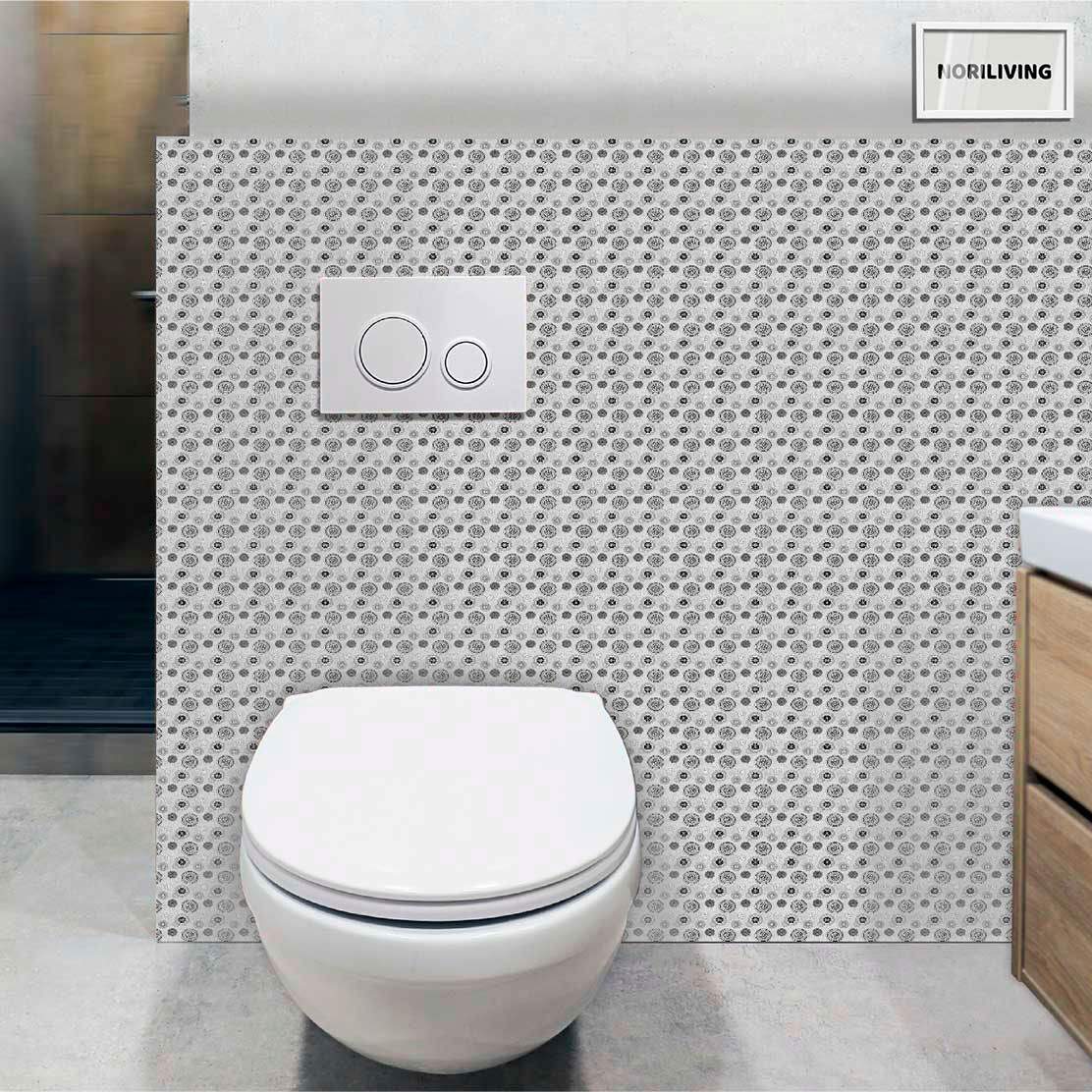 im WC eingebaute Toilettenrückwand mit Motiv Blume Hintergrundmuster 375 schwarz-weiß