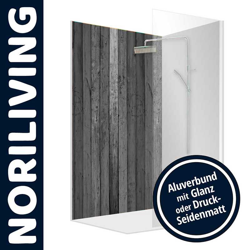Duschrückwand mit Holzdesign von Noriliving, aus Aluverbund, erhältlich in Glanz oder Druck-Seidenmatt