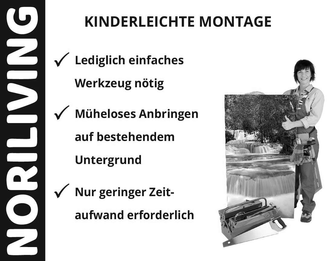 Werbung für NORILIVING: Einfache Montage mit minimalem Werkzeug und Zeitaufwand, dargestellt mit lächelnder Person und Beispielbild.