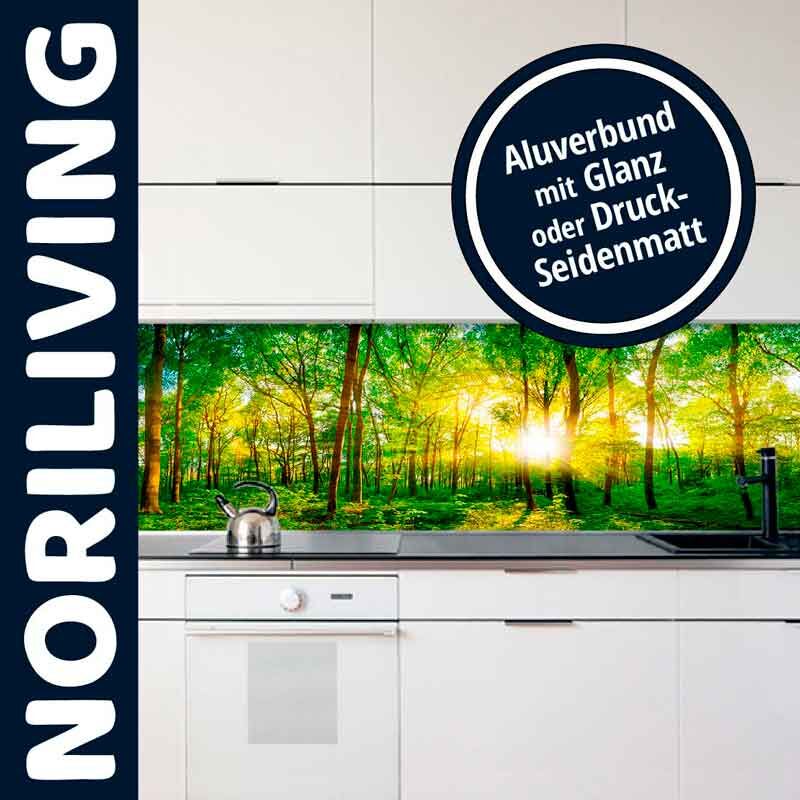 Moderne Küche mit Aluverbund-Rückwand, Waldmotiv mit Sonnenschein, angeboten von Noriliving
