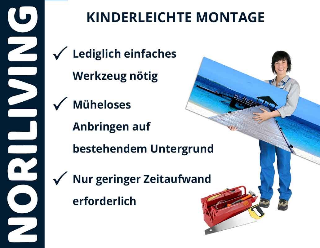 Person hält Bild mit Installationsmaterial, Text 'Kinderleichte Montage', 'Lediglich einfaches Werkzeug nötig', 'Müheloses Anbringen auf bestehendem Untergrund', 'Nur geringer Zeitaufwand erforderlich'