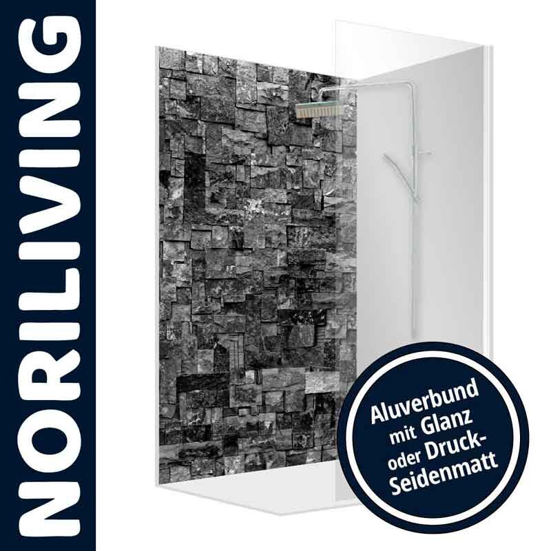 Duschrückwand mit Steinoptik von Noriliving, erhältlich in Aluverbund Glanz oder Druck-Seidenmatt