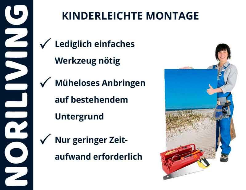 Person präsentiert eine einfache Montage mit minimalem Werkzeugeinsatz. Vorteile: wenig Werkzeug, einfache Anbringung, geringer Zeitaufwand.