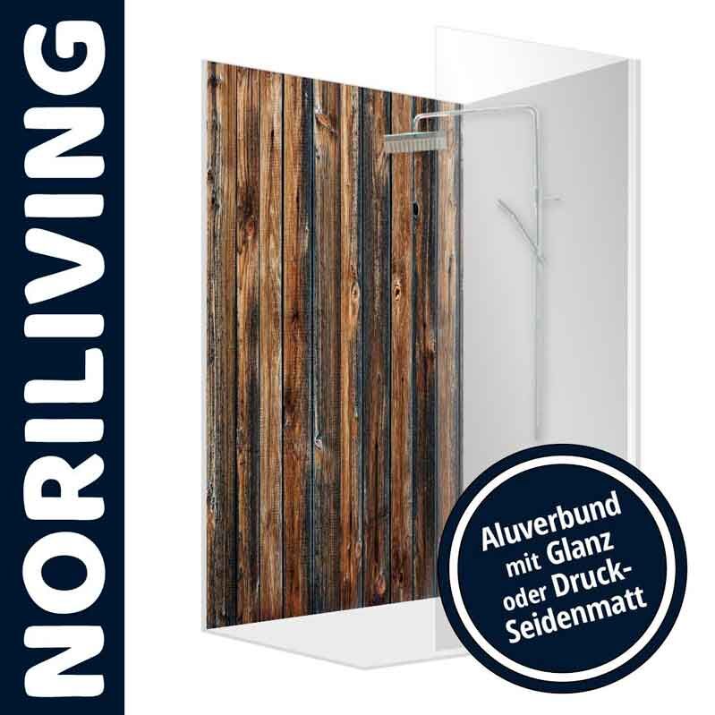 Duschrückwand mit Holzoptik und Aluverbund von NORILIVING, erhältlich in Glanz oder Druck-Seidenmatt
