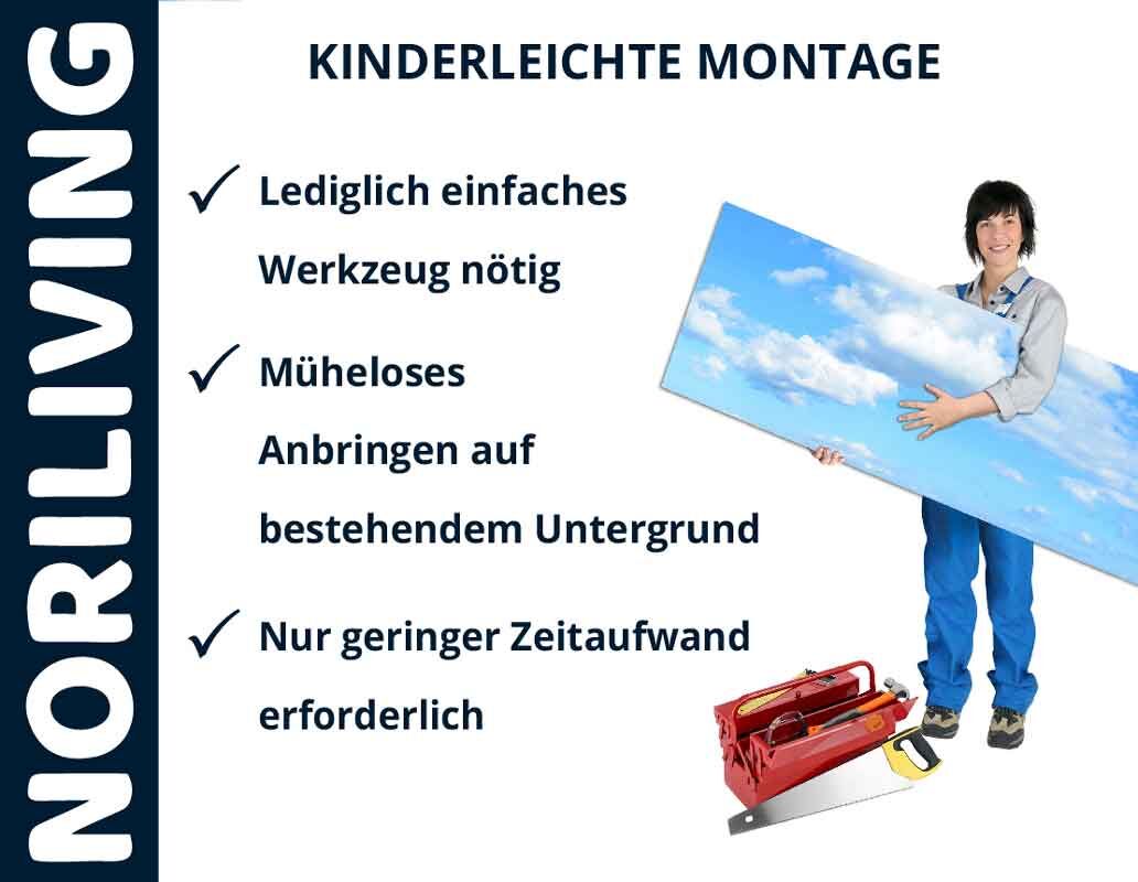 Person hält ein großes Wandbild mit wolkigem Himmel, daneben Werkzeuge für einfache Montage.