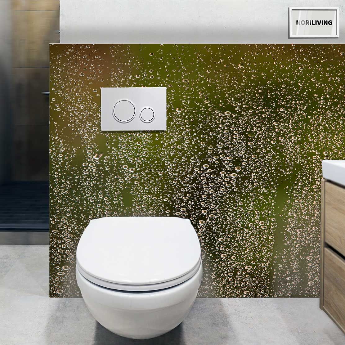 im WC eingebaute Toilettenrückwand mit Motiv Wassertropfen auf Fensterglas 959