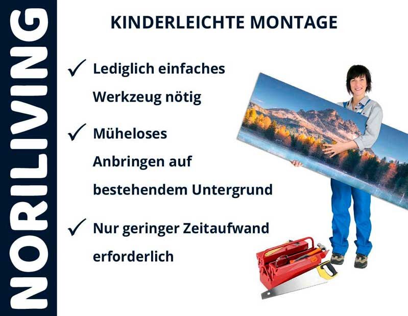 Person montiert Wandbild mit einfacher Anleitung und minimalem Werkzeugaufwand.