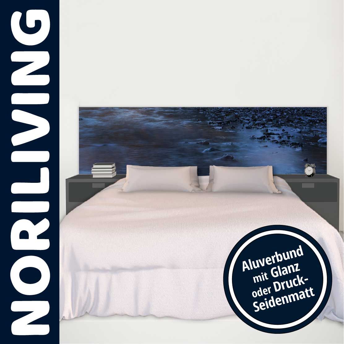 Modernes Bett von NORILIVING mit stilvollem Kopfteil aus Aluverbund, wahlweise mit Glanz oder Druck-Seidenmatt-Oberfläche