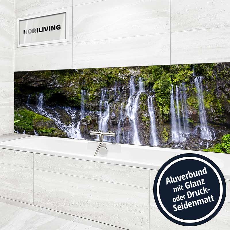Ansicht des Badrückwand-Motivs Wasserfall Grand Galet Réunion 512 Höhe zentriert
