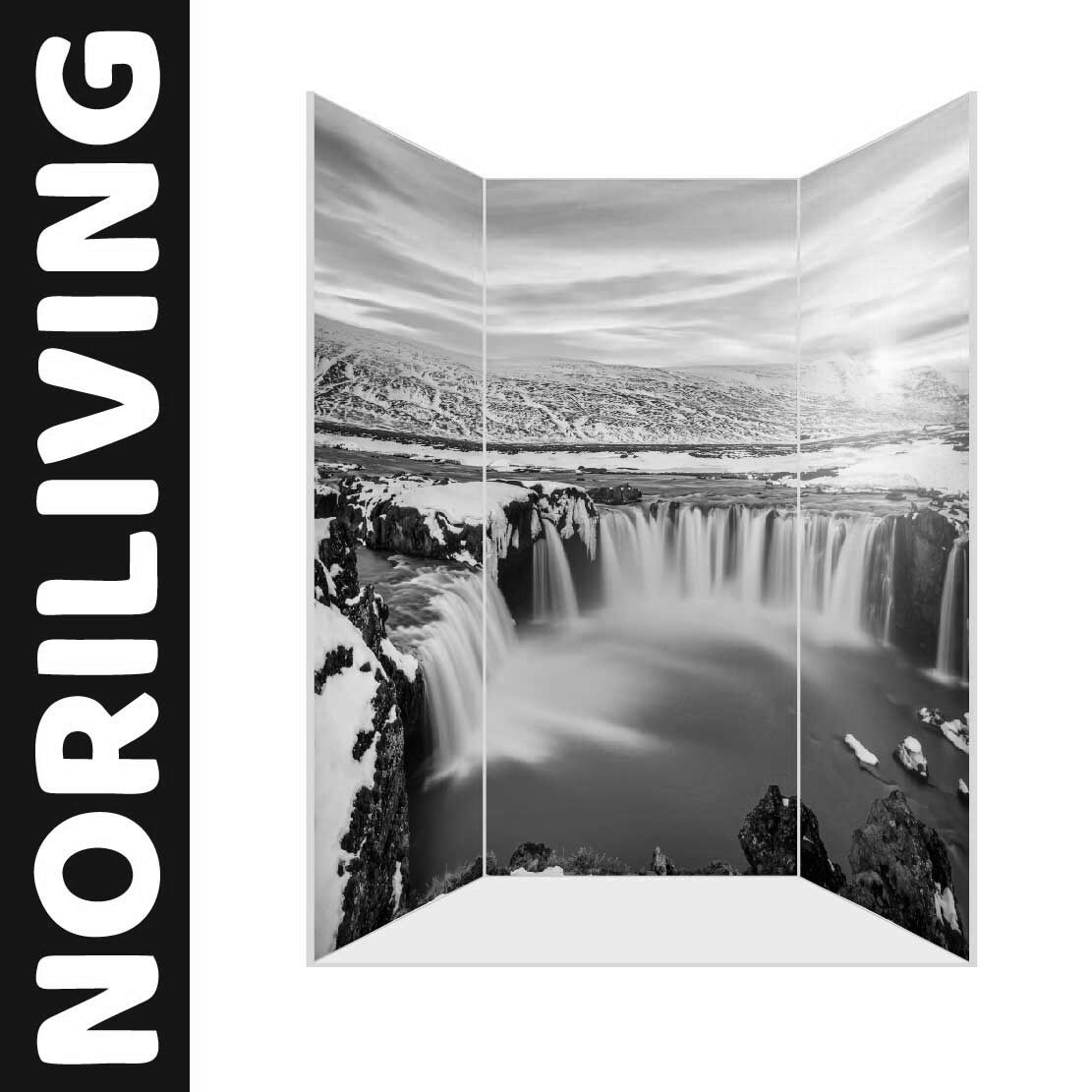 Abbildung einer Nischen-Duschrückwand mit Motiv Godafoss Wasserfall mit Sonnenuntergang Island 904 schwarz-weiß