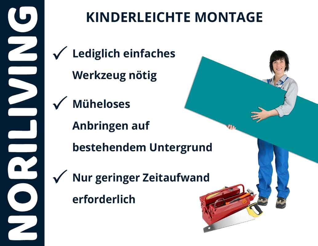 Frau mit Werkzeug und Platte für einfache Montage von NORILIVING